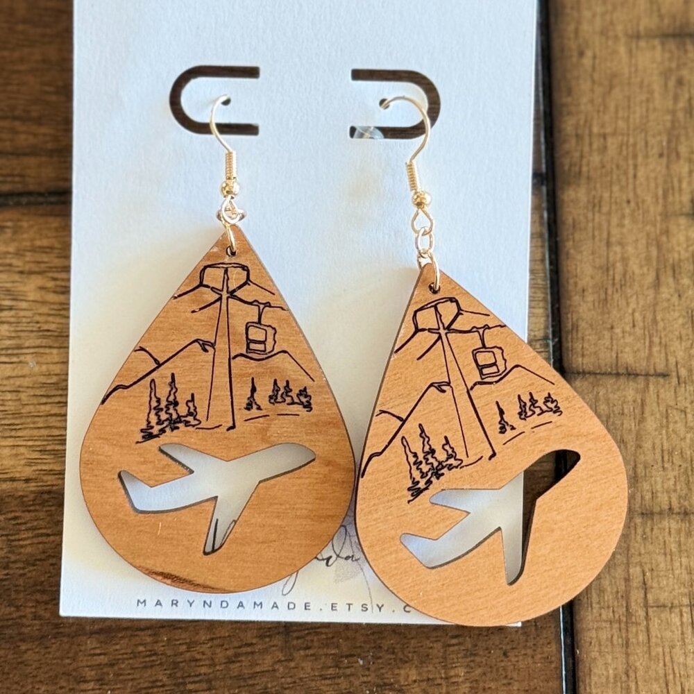 Ski Lift Airplane Earrings - Wooden Travel Earrings